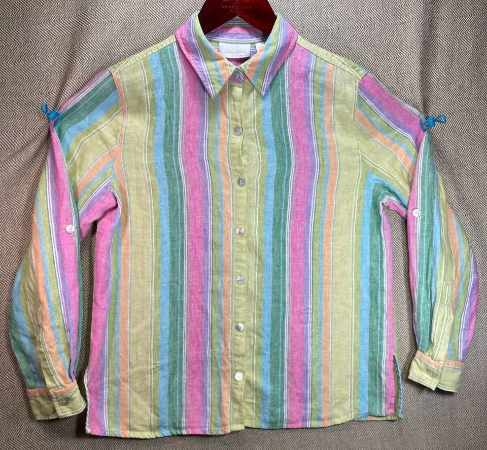 Studio Works Womens 100% Linen Casual Stripe Long Sleeve Shirt Size Petite M — 第 1/4 张图片