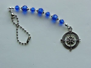 COMPASS BLUE CRYSTAL BEADS SUN CATCHER CAR REAR VIEW MIRROR MOBILE - Picture 1 of 3