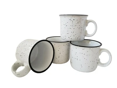 ESSENTIAL DRINKWARE 14oz Ceramic Campfire Coffee Mugs Set of 4, White with Speckled Finish