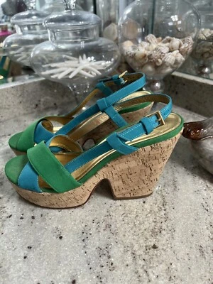 SANDALIAS KATE SPADE Verde Azul Penny Wedge Bloque Lona Corcho Verde Gruesas 7.5 Foto 1 de 4