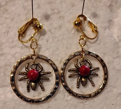 Spider Hoop Clip-On Earrings Gothic Red Bead Arachnid Jewelry Halloween Costume - Image 1 of 2