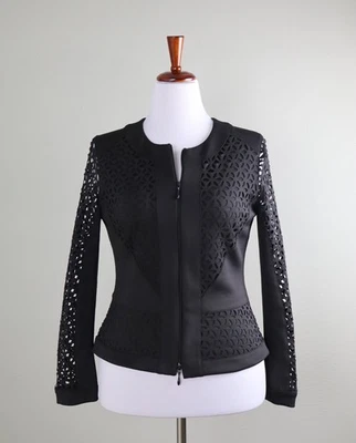 JOSEPH RIBKOFF 179 美元黑色激光切割拉链透明袖夹克上衣 10 码 — 第 1/4 张图片