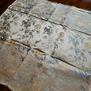 Chinese Oriental Silk Brocade Fabric Metallic Blue Yellow Floral Medallion 3+ Yd - Picture 1 of 12