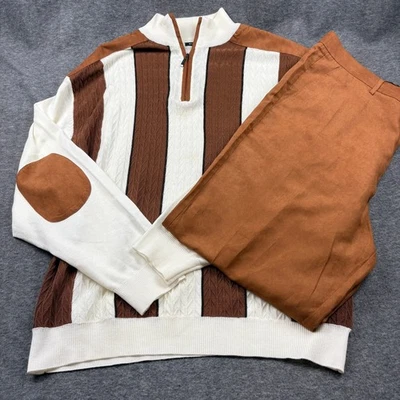 Bagazio BM2187 Cream/Cognac 1/2 Zip Microsuede Sweater Outfit with Elbow Patches - Image 1 of 4