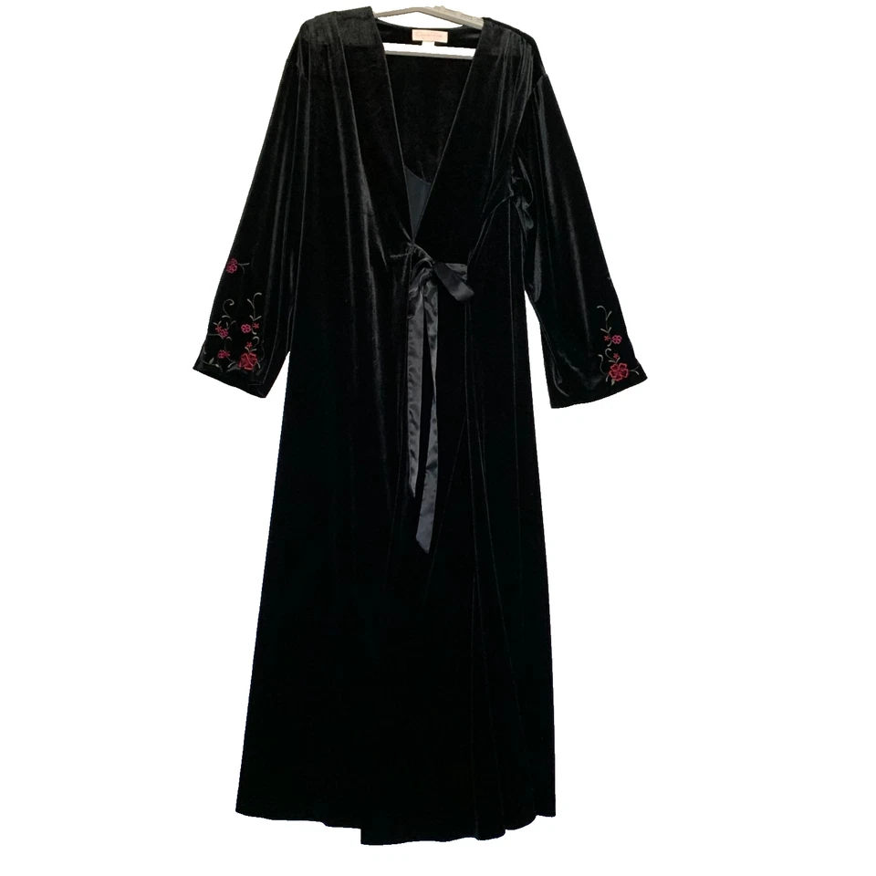 Oscar De La Renta 尺寸 L 粉红色标签黑色丝绒长袍花卉刺绣袖子 — 第 1/4 张图片