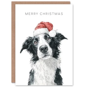 Weihnachtskarte süßer Collie Hund trägt Nikolausmütze Aquarell - Bild 1 von 6