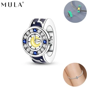 MULA Original 925 Sterling Silber CZ Stern Mond Uhr Charm für Damen Armband - Bild 1 von 9