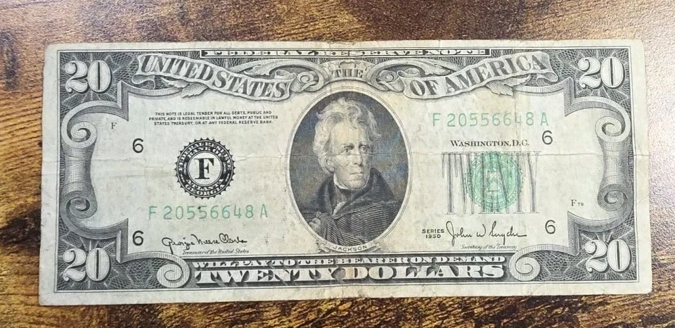 Billete de 20 dólares de la Reserva Federal serie 1950 circulado Foto 1 de 4