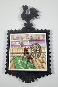 Vintage Rooster Cast Iron and Ceramic Trivet and Pot Holder Spinning Wheel - Picture 1 of 5