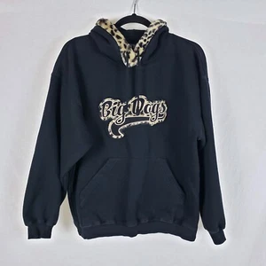 Big Dogs Sweatshirt Hoodie Womens XS Black Leopard Faux Fur Trim Crewneck - Picture 1 of 9