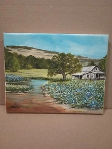 Original One Of A Kind Peaceful Texas Bluebonnet Barn Stream Oil Painting 8x10 - Picture 1 of 5