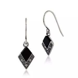 Argento Sterling Onice & Marcasite Art Deco Ventola Orecchino a Goccia & 45cm - Foto 1 di 7