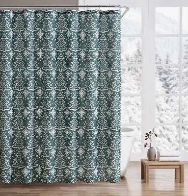 Kate Aurora Tis The Season Christmas Trees & Snowflakes Fabric Shower Curtain Foto 1 de 3