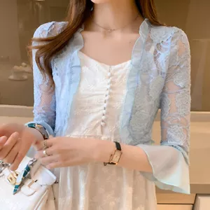 Damen Cropped Cardigan Blumen Spitze Shirt Bolero Achselzucken Tops vorne offen durchsichtig - Bild 1 von 15