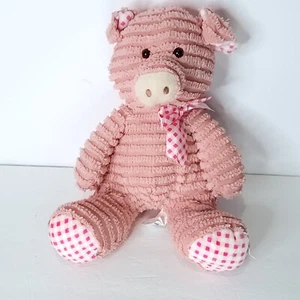 Hugfun Hug Fun Pink Cord Pig Chenille Plush 15” Stuffed Animal Checkered Ribbon - Picture 1 of 7