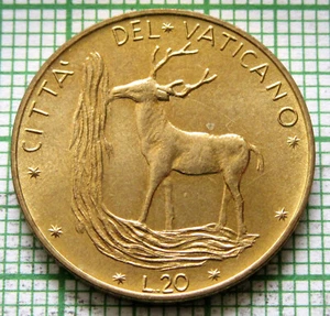 VATICAN PAUL PAVLVS VI 1972 20 LIRE, Red Deer by a Waterfall, UNC km# 120 - Picture 1 of 6