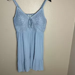 Almost Famous Boho Floral Crochet Dress Baby Blue Mini Sundress Woman Size Large - Picture 1 of 9