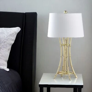 29" Gold Bamboo Design Table Lamp With Off White Drum Shade - Picture 1 of 6