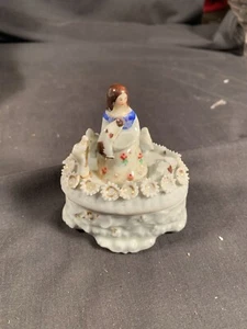 Vtg Porcelain Lady with a Dog surrounded by flowers Trinket Box "as found" - Picture 1 of 8