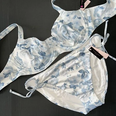 NWT Victoria's Secret 36D,36DD,38DD BIKINI M,L,XL bottom WHITE Blue ROSE Toile - Image 1 of 4
