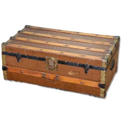 Brown Canvas Low Steamer Trunk Chest 33x19x13 Key Antique Late 19th C Cover
