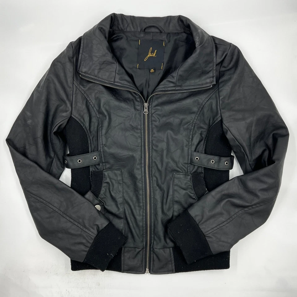 Jaqueta de couro feminina Jack zíper completo tamanho M preta poliéster motociclista comprimento médio - Imagem 1 de 4