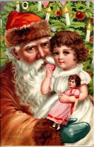 Santa Claus Brown Robe Vintage Postcard Merry Christmas Girl Doll 1908 JT7 - Picture 1 of 2