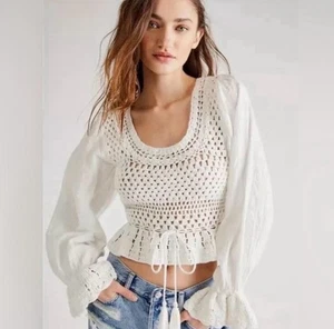 Free People Women's Ivory Long-Sleeve Megan Crochet Cutout Back Top Medium NWT - Picture 1 of 12