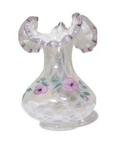 Vaso Fenton Prato Bellezza Opalescente Diamante Ottico Rosa Crest Dipinto a Mano 7" - Foto 1 di 8