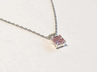 Sterling Silver Pink Square Cubic Zirconia Stone Pendant Twisted Chain Necklace - Image 1 of 4