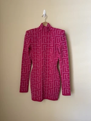 Balmain X Barbie Jacquard Mini Dress Monogram Knit Pink Wool Blend 36 - Image 1 of 4