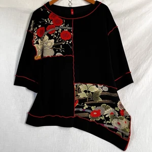 IC Connie K Large Lagenlook Asian Print Top Asymmetrical Artsy Black Red Blouse - Picture 1 of 24