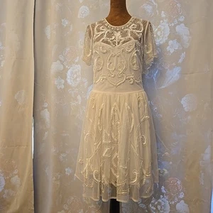 ASOS Sz 8 Short White Wedding Dress Sequins Beading Sheer Sleeves Sweetheart - Picture 1 of 16