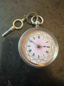 Antique .935 Silver MILLERET GENEVE Key Wind Ladies Watch Pink Dial Gold Accent - Picture 1 of 15