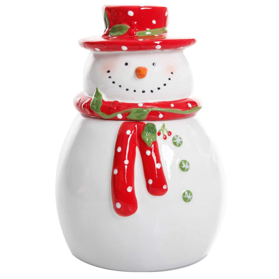 Christmas Cookie Jar Gibson Stoneware 2 PC Set Holiday Jolly Snowman