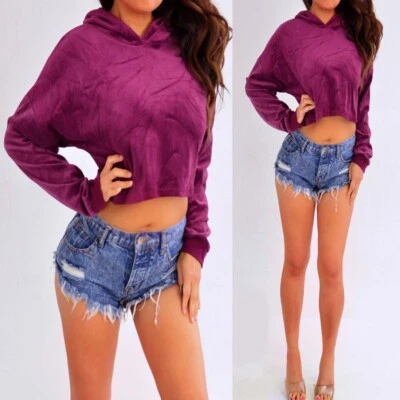 Camisa Top con Capucha Recortada Manga Larga Terciopelo Borgoña Púrpura M Mediana Foto 1 de 4