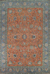 Orange/hellblau Blumenmuster Tebriz Vintage Teppich 10x13 Wolle Handarbeit Zimmergröße Teppich - Bild 1 von 20