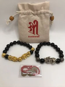 Nwot Zenbless Black Obsidian Feng Shui Good Luck Bracelet Set - Picture 1 of 2