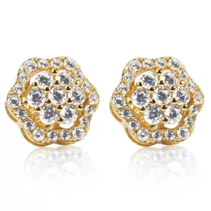 Yellow Gold Sterling Silver Big Moissanite Flower Cluster Men's Stud Earrings - Picture 1 of 7