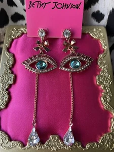 Betsey Johnson Vintage Glitzer Critters blaue Augen Rosegold Träne weinende Ohrringe - Bild 1 von 2