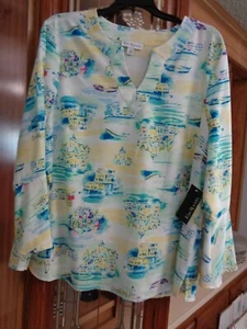 Kim Rogers white and blue boat print long sleeved top new with tag XL - Picture 1 of 4