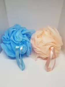 Two Exfoliating Mesh Poufs Shower SPA Bath Sponges for Body Wash Pink and Blue - Picture 1 of 12
