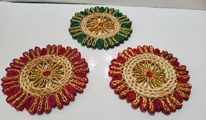 3 Vintage Round Wicker Straw Hot Pads Trivets Woven Rattan Raffia 7'' Diameter - Picture 1 of 4