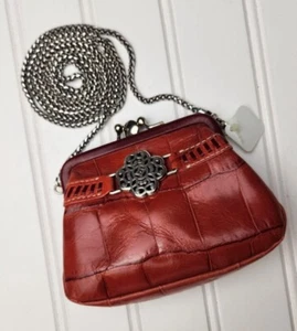 Brighton Red Leather Kisslock Wallet On Chain Purse Croc Embossed Zip Crossbody - Picture 1 of 17