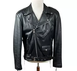 VTG Wilsons Open Road Mens Sz L Black Leather Insulated Biker Jacket Belted MINT - Picture 1 of 14