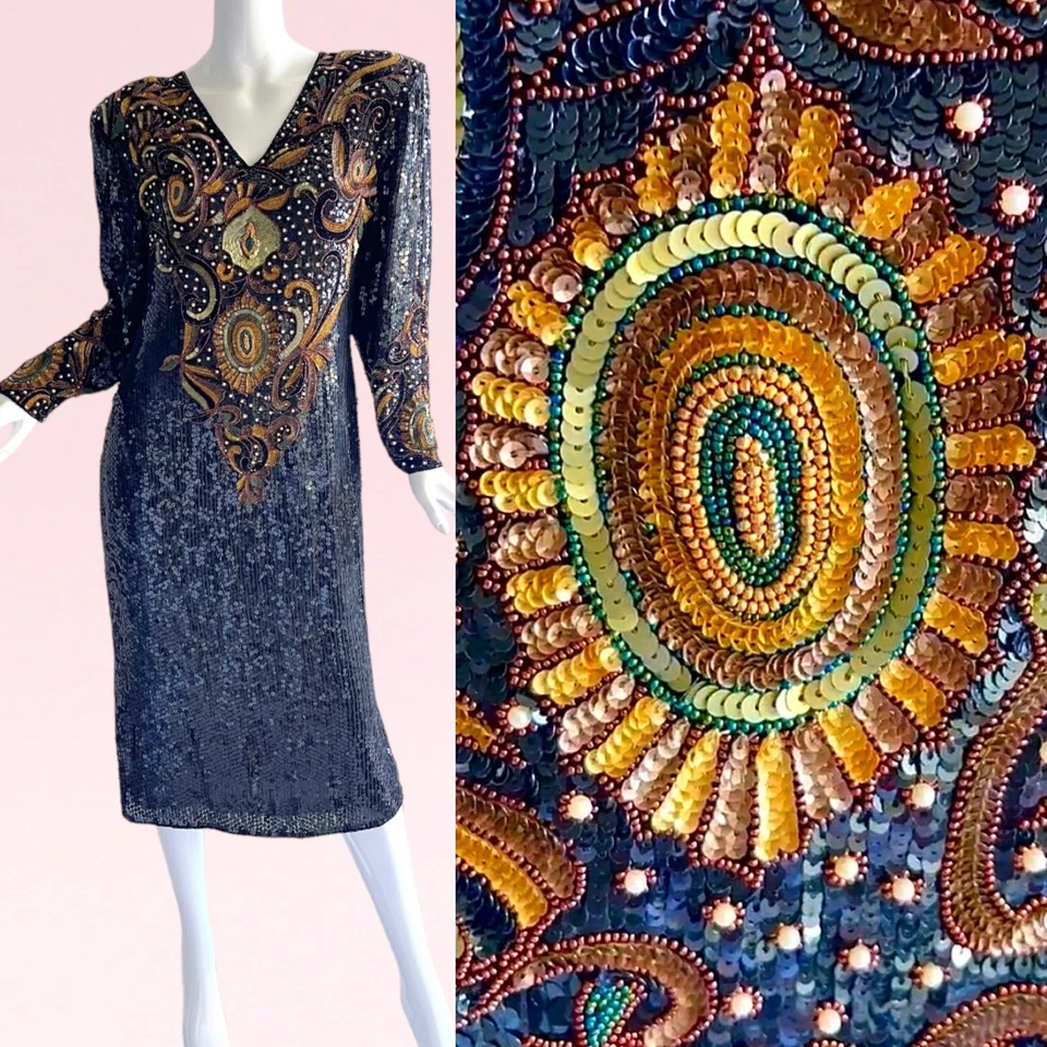 Vestido grande vintage de fiesta de cóctel con estrás de seda con cuentas de lentejuelas de la década de 1980 Foto 1 de 4