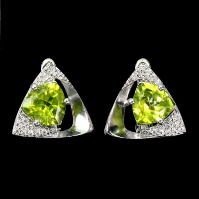 925 Sterling Silver Earrings Trilliant Peridot 7mm Natural Gemstone Jewelry - Image 1 of 4
