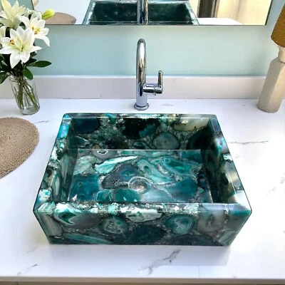 Green Agate Wash Basin Handmade Crystal Vanity Top Kitchen Sink & Bathroom Decor - Image 1 of 4