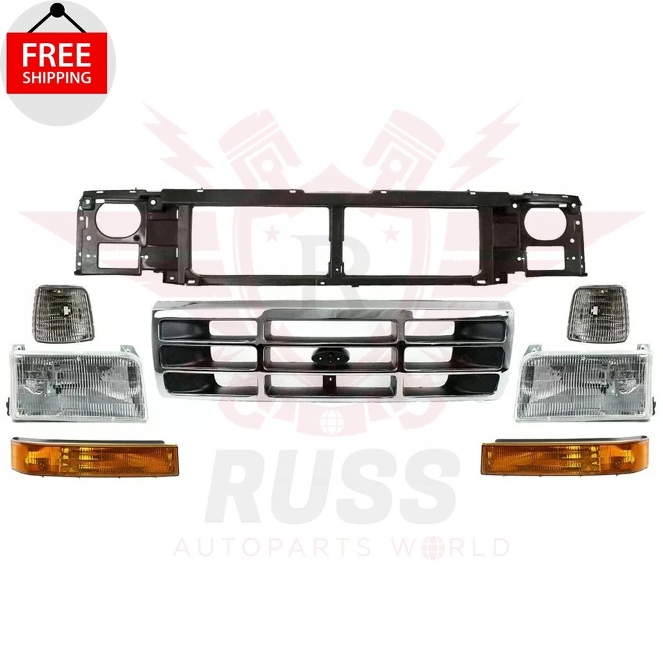 New Front Header Panel + Grille + Head Lights Kit Fits 1992-1997 Ford F150 F250 Foto 1 de 4