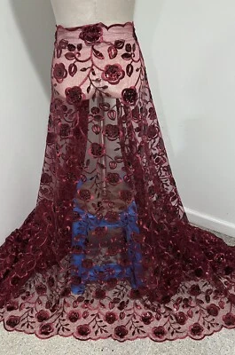 1.75 Yard Burgundy Embroidery Sequins Lace Fabric 50” Width - Image 1 of 4